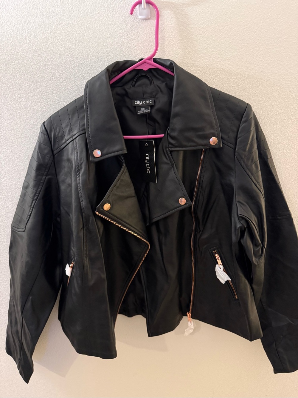 City Chic Black Faux Leather Moto Jacket with Rose Gold Hardware